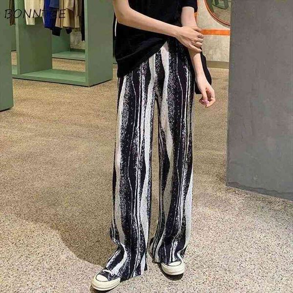 

full length trendy pleated womens pant summer soft high waisted all-match chic ladies trousers vintage print leisure, Black;white
