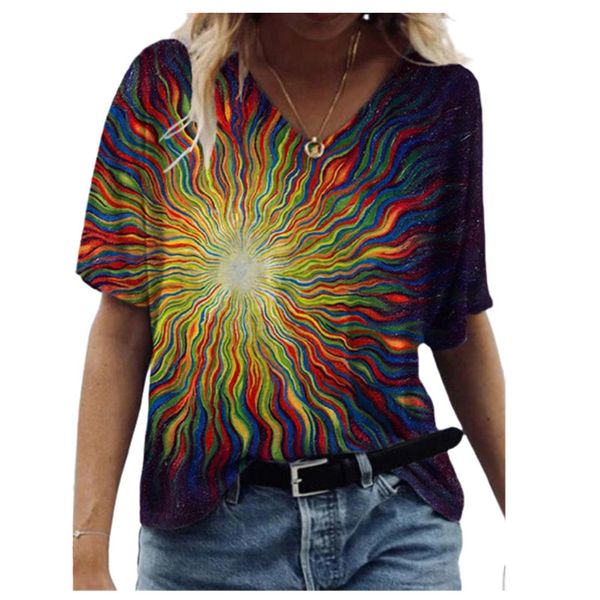 Novas Mulheres do Verão T Camisetas Impressão 3D TShirt Casual Manga Curta V-Pescoço Solto Abstrato Pintura Tops Oversized Tshirt Femme 210412