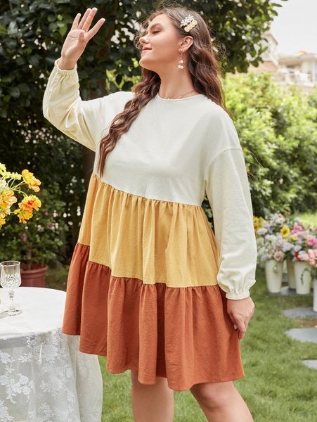 

plus color block drop shoulder ruffle hem smock dress r5w3#, Black