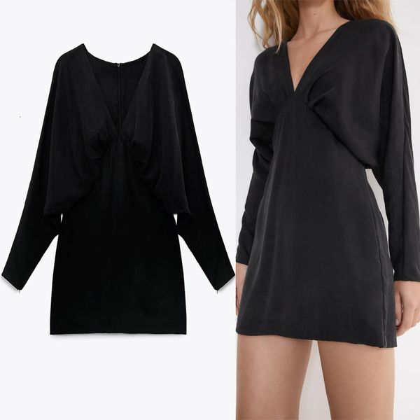 

dresses satin pleated mini women long sleeve v neck black office lady es female fashion back hidden zip vestido, Black;gray