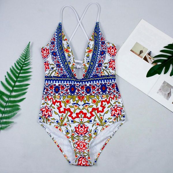 

women's swimwear backless women swimsuit bikinis set mujer printed strappy beach bikini bathing suit deep-v beachwear swim monokini, White;black
