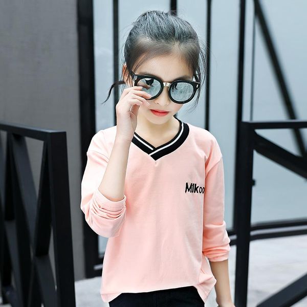 

t-shirts spring and autumn style girls big boy fashion personalized embroidered v-neck baby girl's t-shirt 5-12 ages, Blue