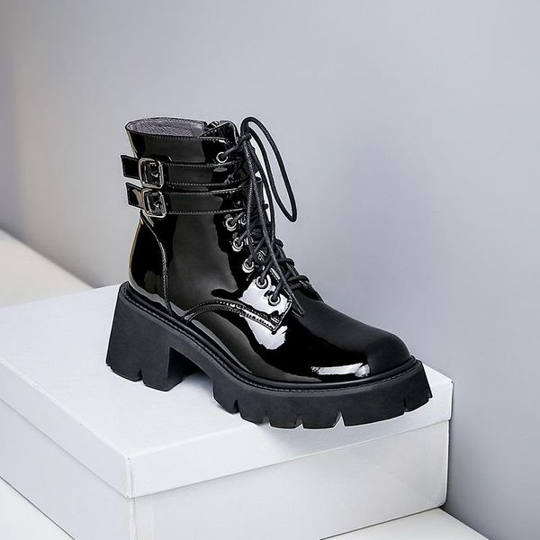 

cross-tied ankle boots with buckle thick bottom cow leather platform shoes round toe zipper women 6.5 cm, Black
