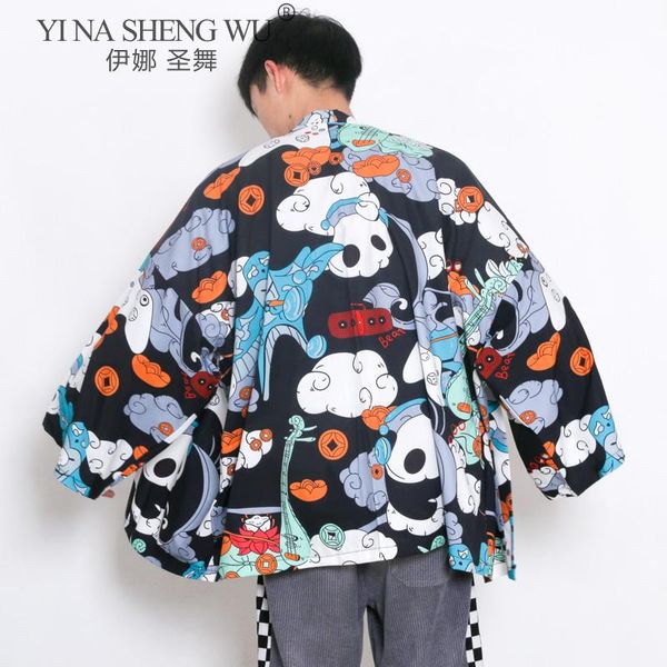 

men kimono japanese style traditional clothing streetwear fashion jacket samurai haori panda pattern sun protective coats ethnic, Red