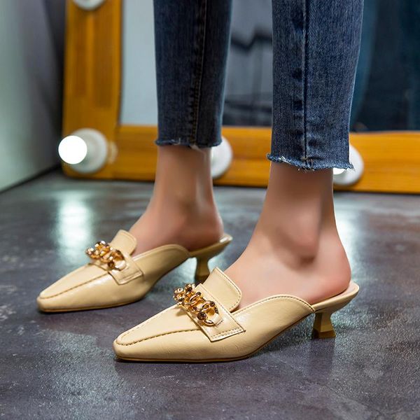 

cover toe med shoes shallow slippers soft luxury slides square heel loafers comfort designer block flat pu rubber fashion hoof, Black