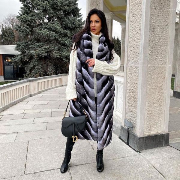 

women's fur & faux fashion long natural rex vest turn-down collar woman winter genuine full pelt coats sleeveless, Black