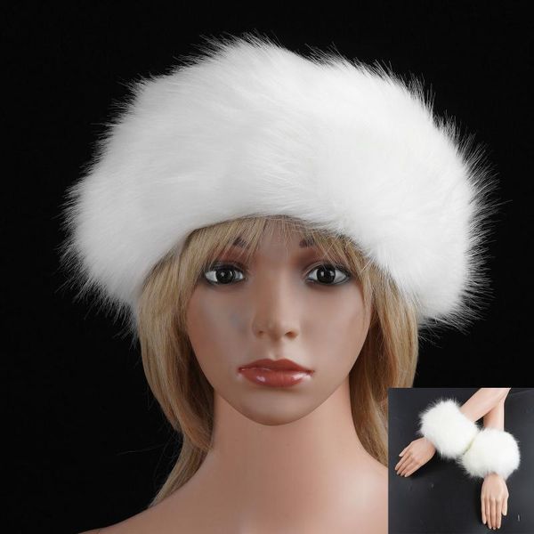 

hats, scarves & gloves sets warm faux fur headband and warmer wrist guard women winter thick fluffy empty hat with cuffs set for accesso, Blue;gray