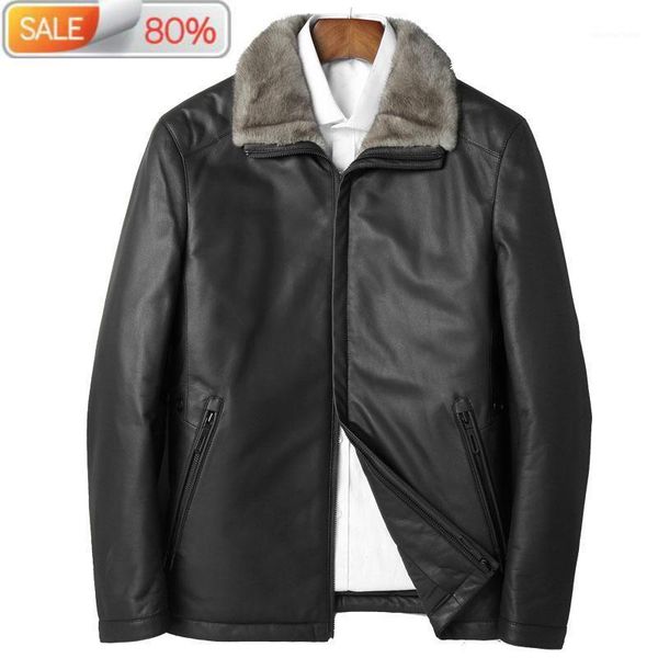 

men's leather & faux genuine winter jacket men 90% duck down jackets collar sheepskin coat chaqueta hombre nd1329, Black