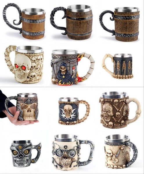 

latest skull mugs stainless steel viking drinking cup skeleton beer stein tankard coffee mug tea tumbler halloween bar drinkware gift fy4730