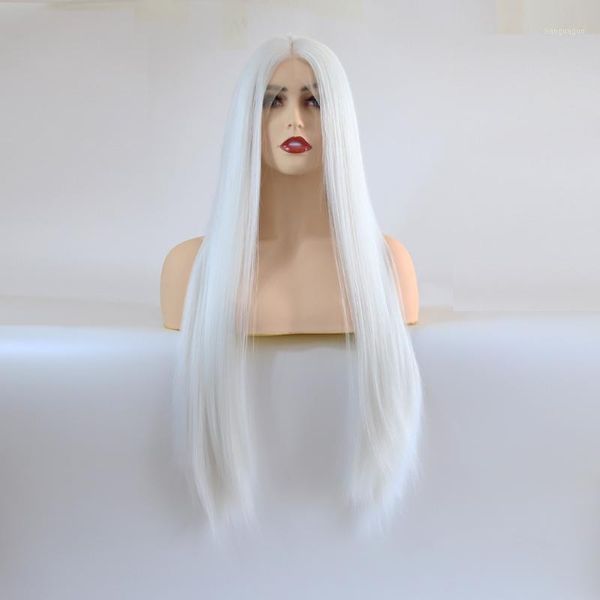 

zigzag platinum white wig straight glueless synthetic lace front wigs for women heat resistant fiber hair long cosplay wig1, Black