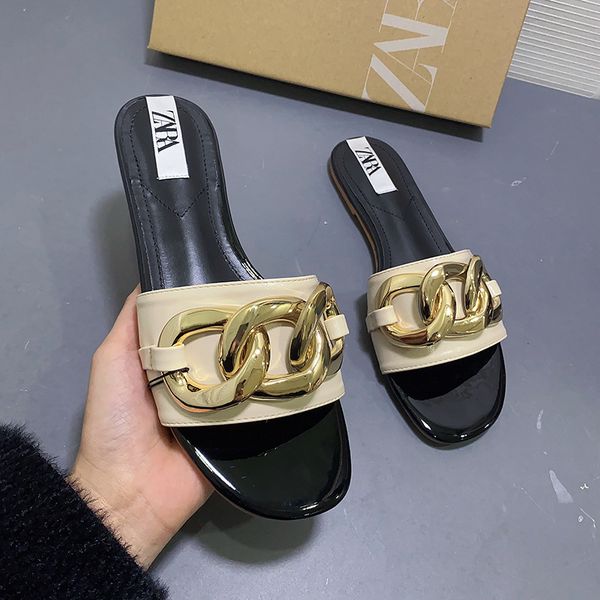 

80% off shoes women's slippers new summer patent leather chain decoration flat sandals open toe, Black