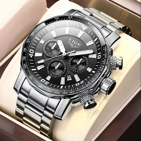 

2021 lige brand luxury mens watches full steel watch male military sport waterproof watch men quartz clock relogio masculino, Silver