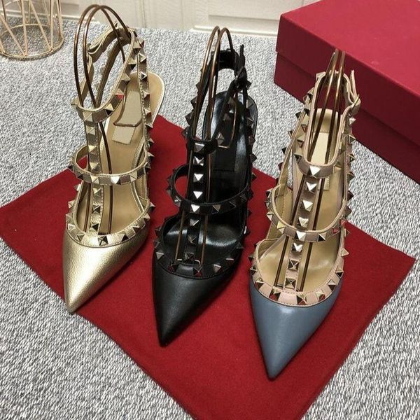 

sandals 2021 genuine leather women v brand 10cm 8cm thin heel red wedding shoes fashion 34-43, Black