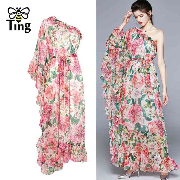 

summer holiday party boho maxi dress women's off one shoulder chiffon floral print ruffles loose elegant long 210513, Black;gray