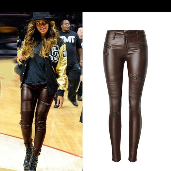 

women's pants & capris spring and autumn casual pu leather women slim pencil motorcycle trousters, Black;white