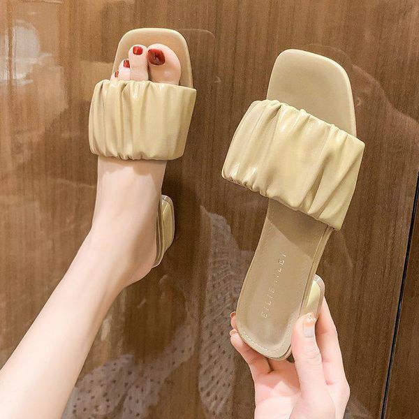 

med square heel shoes woman 2021 female slippers luxury slides block designer pu fashion hoof heels rome sho, Black