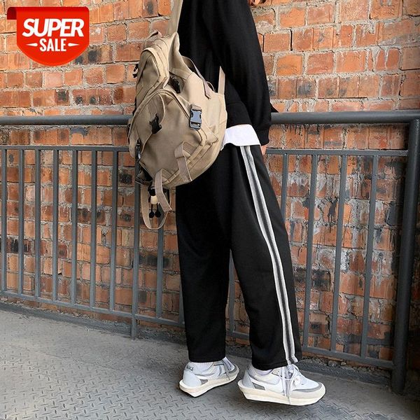 

striped casual pants male korean style trendy loose student straight wide-leg three-bar sports #mk0x, Black