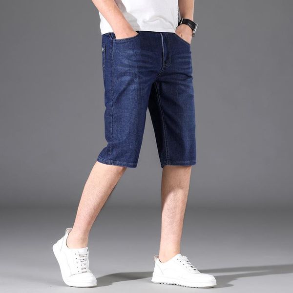 

men's jeans summer shorts slim fit thin straight elastic capris, Blue