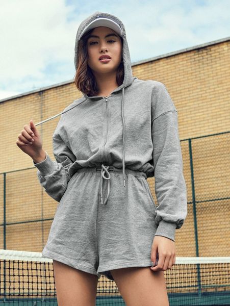 

drop shoulder zip up drawstring hooded romper v61y#, White