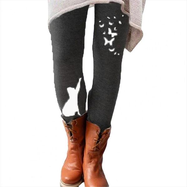

pants casual elastic waistband womens legging cats butterflies print long skinny, Black