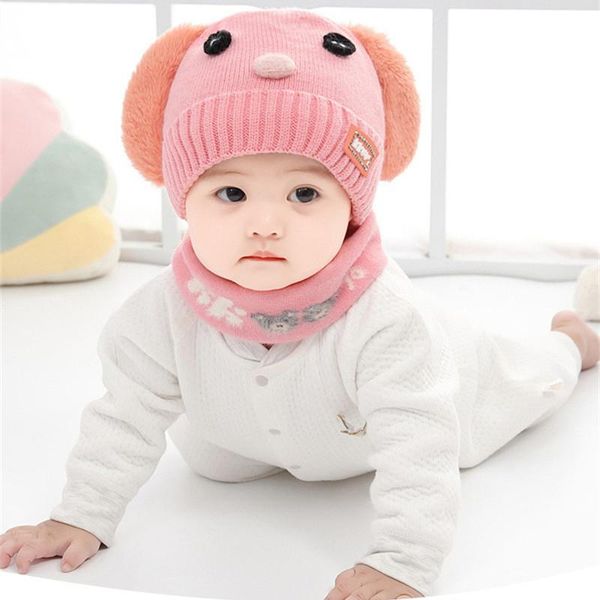 

caps & hats 2pcs/set baby knitted hat with cute puppy ears cartoon lace-up children girls boys warm winter bib set for kids 3-24 months, Yellow