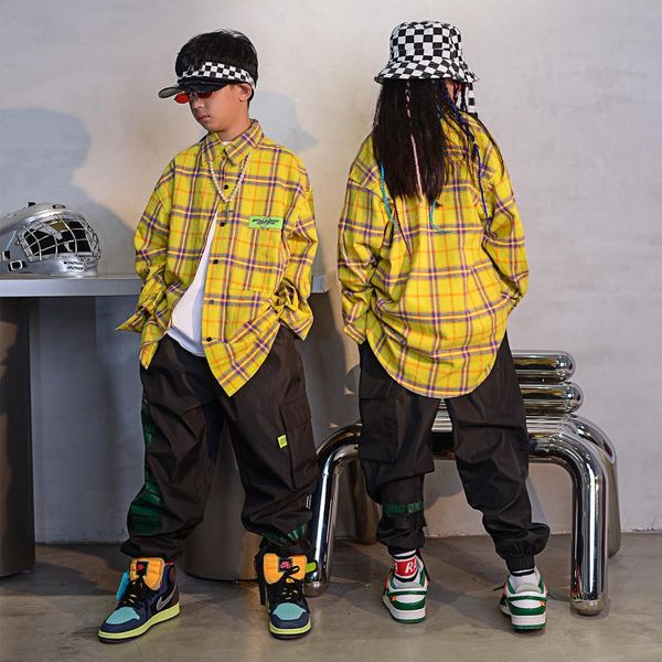 

stage wear children's hip hop dance costumes yellow plaid shirt black loose pants girls jazz street performance dqs7985, Black;red
