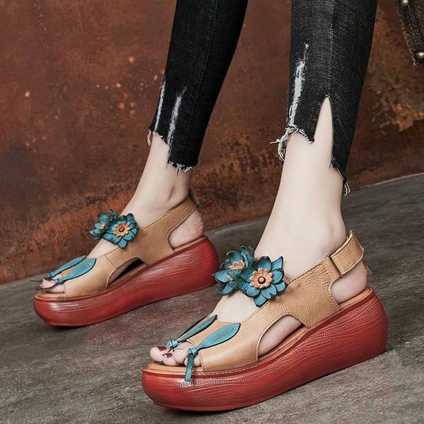 

sandals hollow out wedges heels platform women 2021 vintage flowers chunky beach shoes woman boho gladiator lady, Black