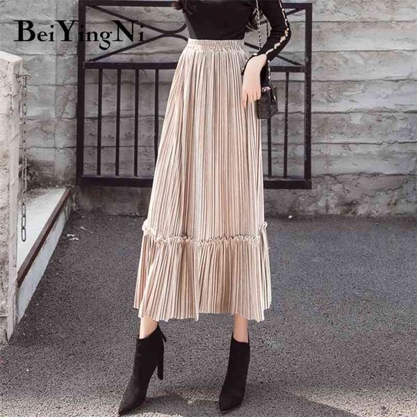 

autumn winter pleated skirt women velvet warm patchwork high waist maxi long fashion vintage chic casual ladies 210506, Black