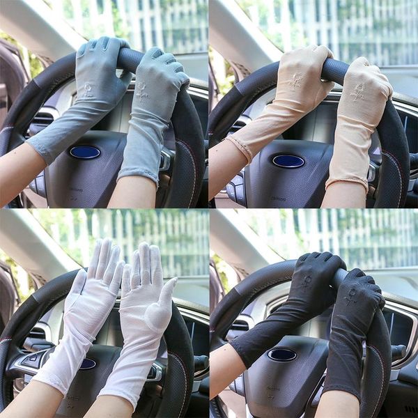 

five fingers gloves sunscreen summer fashion driving short glove medium style embroidered for ladies girls hand, Blue;gray