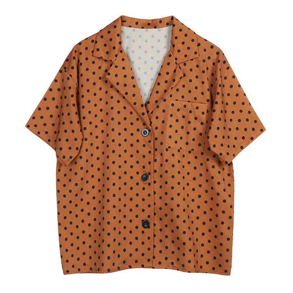

brown red polka dot turn down collar button shirt short sleeve summer casual loose women b0505 210514, White