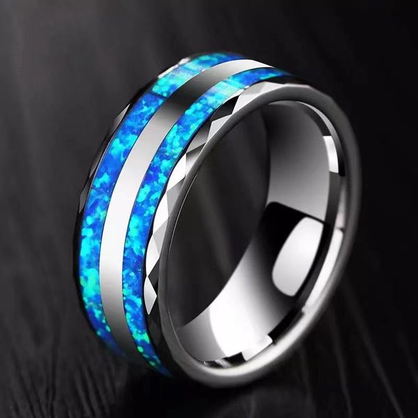 

wedding rings 4/8mm men's fashion silver color stainless steel ring double polished groove blue opal inlay engagement for women, Slivery;golden