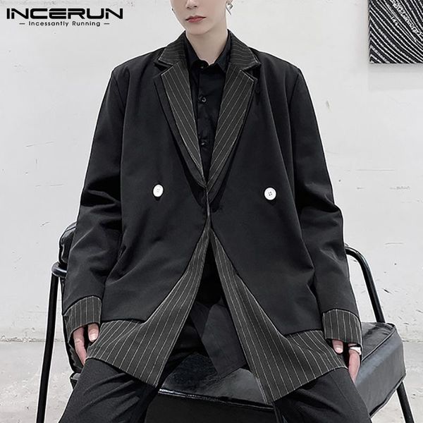 

men's suits & blazers fashion men blazer striped patchwork lapel long sleeve loose button thin coats 2021 streetwear mens casual s-5xl, White;black