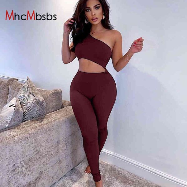 

slant shoulder cut out jumpsuits women sleeveless solid bodycon tracksuit wine red skinny romper summer sporty outfits 210517, Black;white