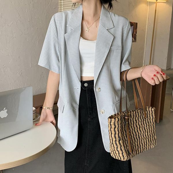

women's suits & blazers 2021 korean chic ins loose short-sleeved suit summer plaid blazer collar coat design blouse for women, White;black