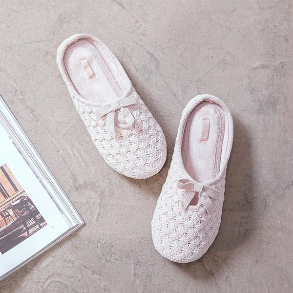 

autumn and winter pure color knitting small bowknot indoor cotton women slippers fresh home thermal floor girl shoes, Black