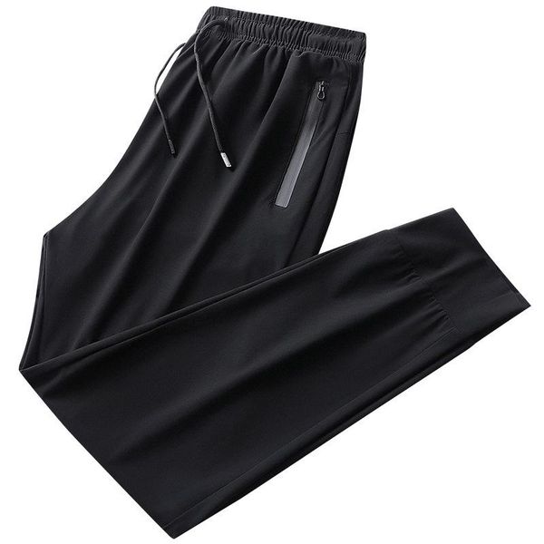 

summer men pants breathable ice silk joggers black pencil pant elastic waist zipper pockets ankle length stretch casual men's