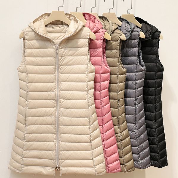 

lightweight women's middle long hooded autumn and winter waistcoat down et liner sleevels vt, Black;white