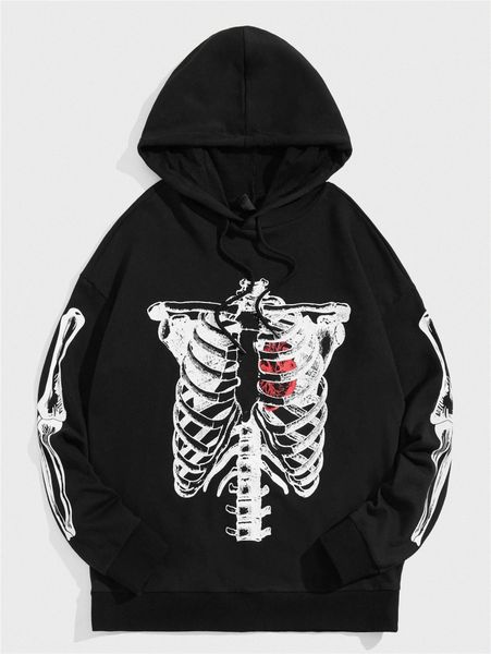 

men skeleton print drawstring hoodie a84z#, Black