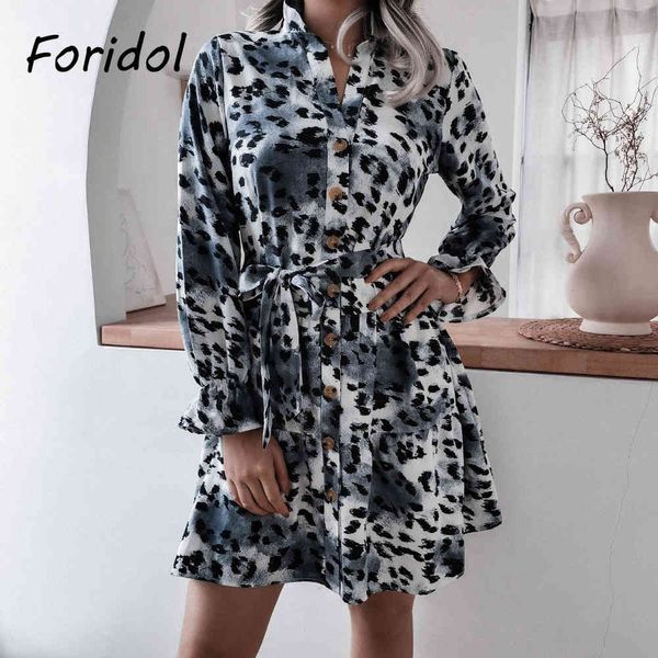 Foridol LeoPard Print Повседневная длинная рукава весенние короткие платья женщин v шеи кнопка до серых створок элегантное платье Vestidos 210415