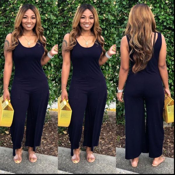 

plus size solid color playsuit womens romper basic pocket culotte, Black;white
