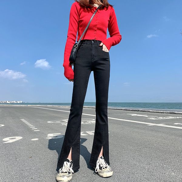 

fall leg split elastic micro flare jeans women, Blue