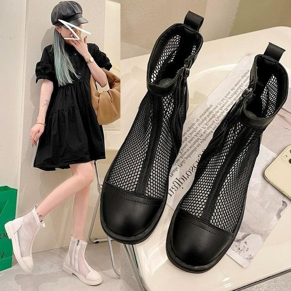 

european station tennis boots women's 2021 spring and summer versatile thick heel breathable short thin hollow, Black