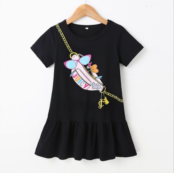 

stylish girls sweet short girl dress sleeved personality chest bag printing round neck pleated children princess for summer, Red;yellow