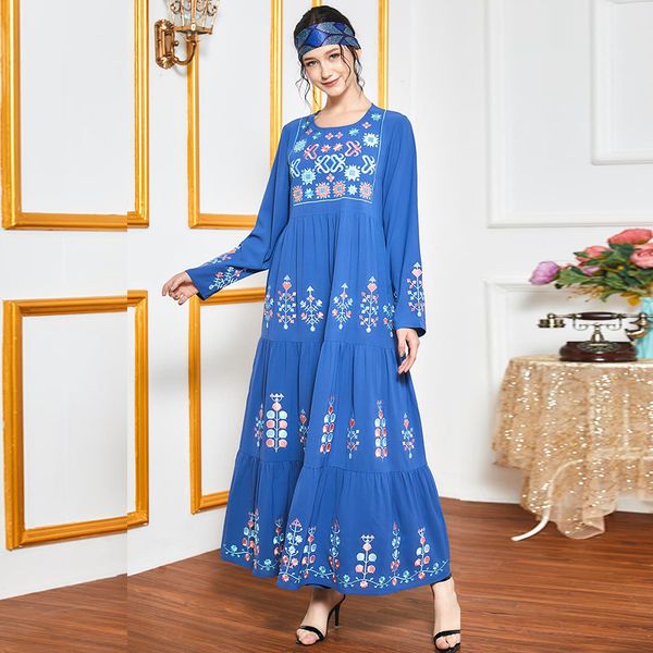 

women dress blue ethnic geometry embroidered maxi dresses long sleeve loose islamic clothing plus size muslim arabic vestidos, Red