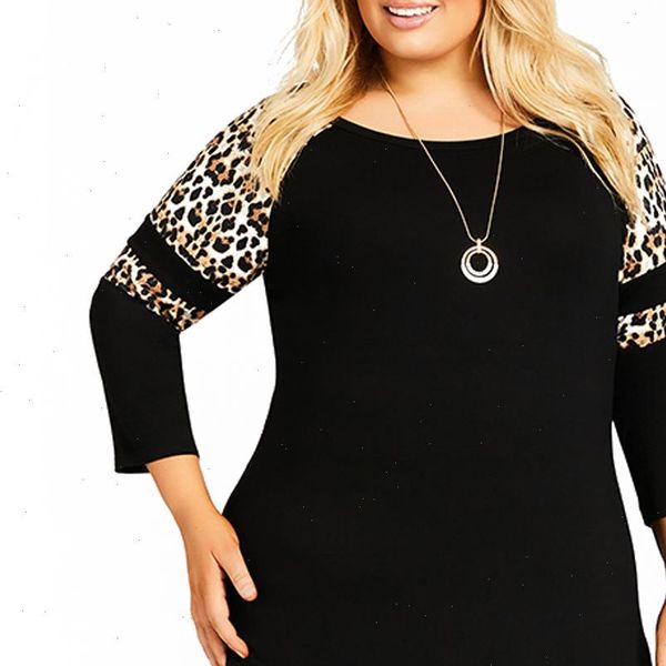 

6xl leopard printed autumn three women sleeve tee femme plus size tshirts ladies patchwork camisetas d30, White