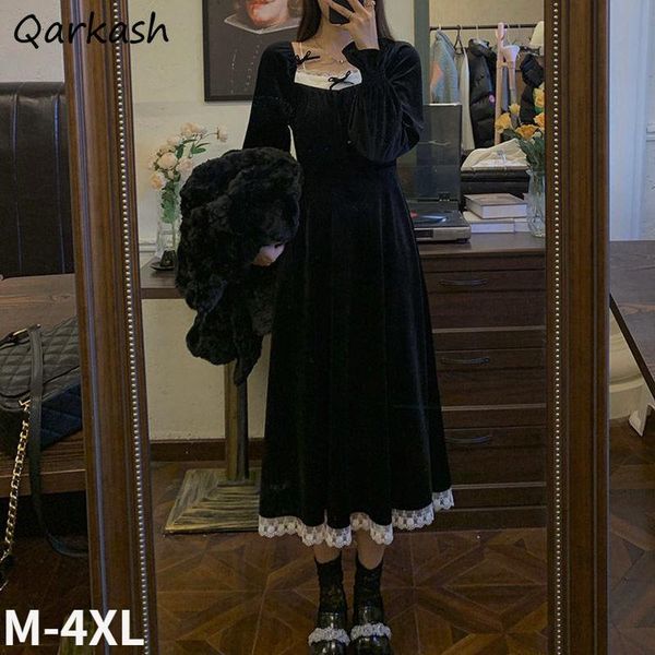 

casual dresses long sleeve dress women square collar lace sweet elegant autumn retro tender design plus size college ladies ulzzang vestido, Black;gray