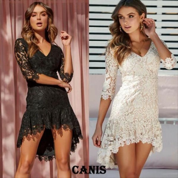 

casual v neck lace womens dresses short evening party midi sleeves asymmetrical, Black;gray