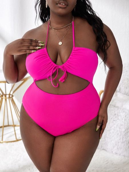 

plus cut-out lace up one piece swimsuit n4vp#, Black