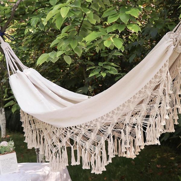 

camp furniture double camping hammocks canvas tassel sleeping bohemian outdoor backyard hanging swing beds for home garden laying accessorie