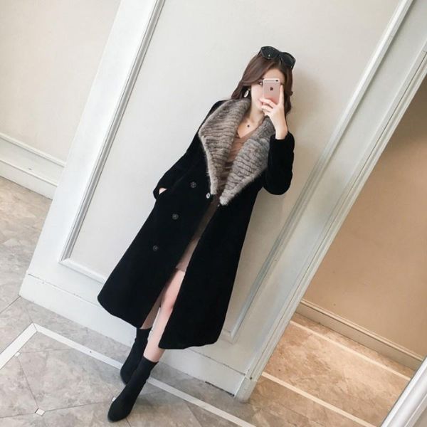 

women's fur & faux elegant winter women long real jacket mink collar belted office lady trench coat slim fit natural wool overcoat outw, Black